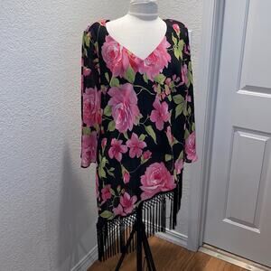 S.L. Fashions Black & Pink Floral V-neck Top & Black Wide Leg Pant 2 pc Sz 24W